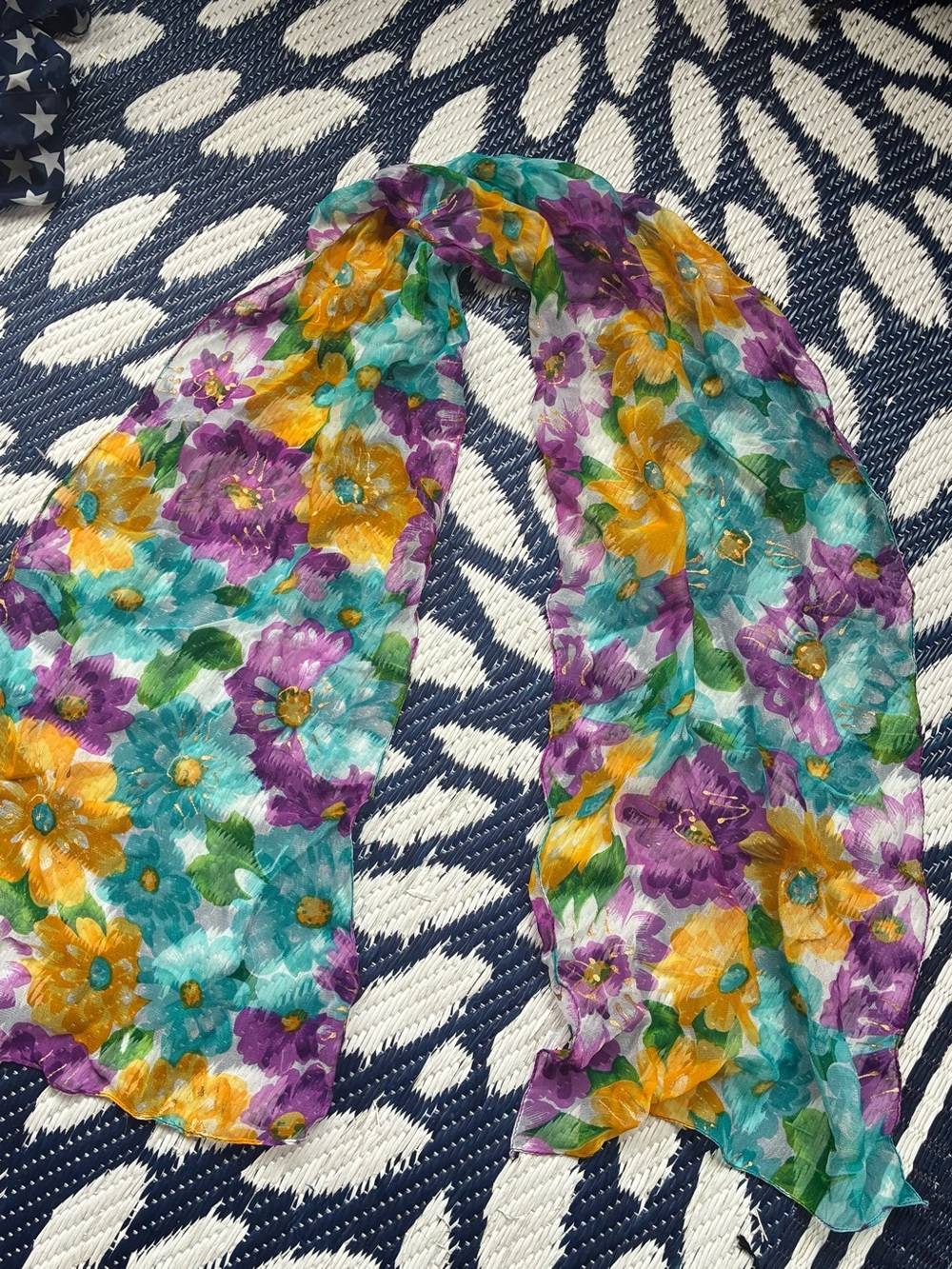 Vintage Floral Sheer Scarf in Teal, Purple & Yellow - Women's Accessory